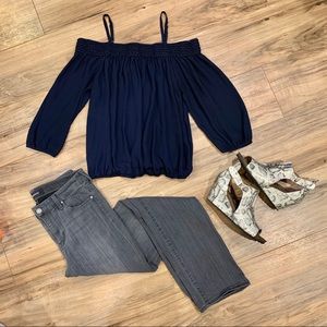 Navy Bardot Style Top